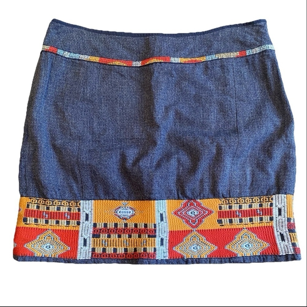 Peruvian Connection Denim Embroidered Skirt Boho Tribal Festival Artisan Sz 10